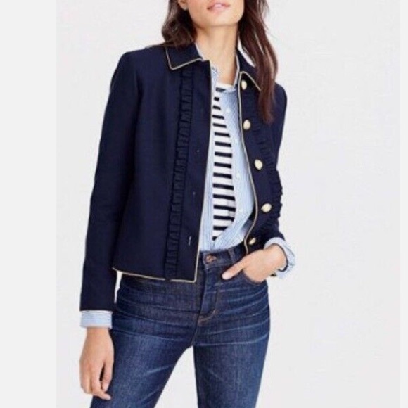 J. CREW NAVY RUFFLE FRONT GOLD TRIM LINED WOOL BLEND BLAZER NWOT SIZE 8
